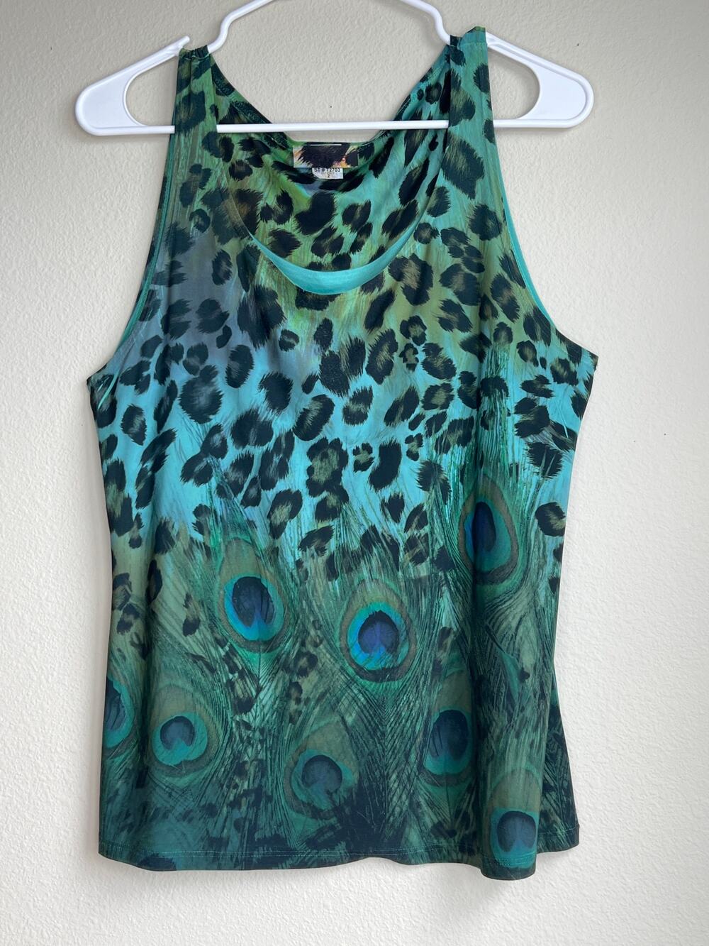 Reina Green Peacock Feather Leopard Print Tank Top Blouse Women Size Medium